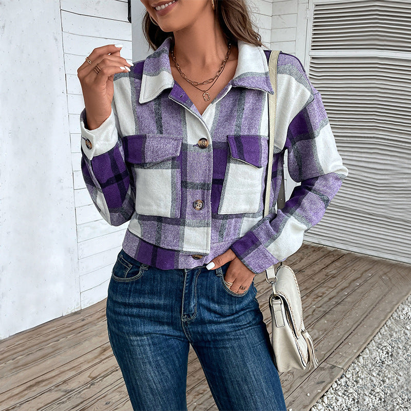 Plaid Lapel Cropped Jacket with Pockets for Women – Button Detail, Long Sleeve Outerwear