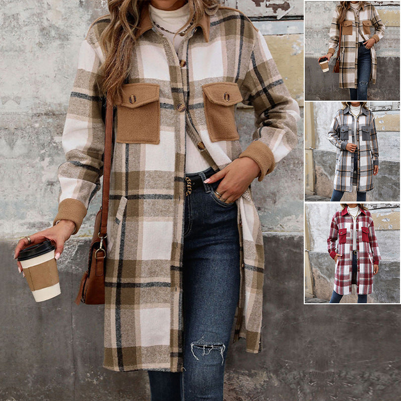 New Brushed Plaid Long Coat with Pockets – Fashion Winter Jacket for Women