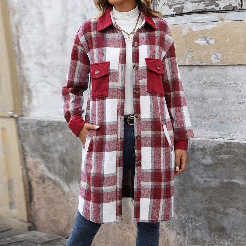 New Brushed Plaid Long Coat with Pockets – Fashion Winter Jacket for Women