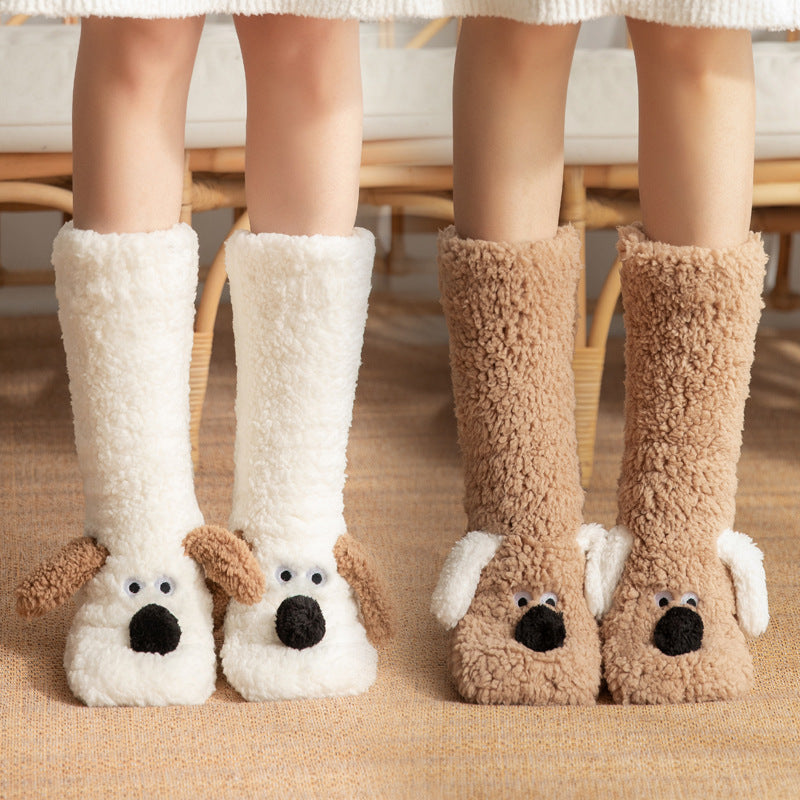 Cute Cartoon Dog Plush Floor Socks – Warm Non-Slip Winter Socks for Women - ZA-ZOLA