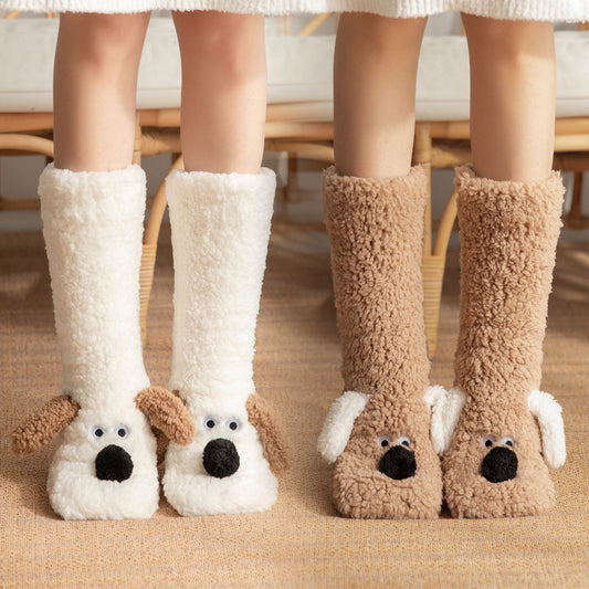 Cute Cartoon Dog Plush Floor Socks – Warm Non-Slip Winter Socks for Women - ZA-ZOLA