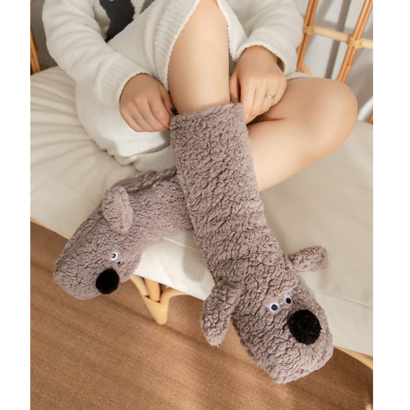 Cute Cartoon Dog Plush Floor Socks – Warm Non-Slip Winter Socks for Women - ZA-ZOLA