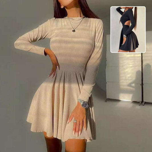 Y2K Long-Sleeved Hollow Design Dress – Solid Color Round Neck A-Line Fall & Winter Fashion | UK & USA