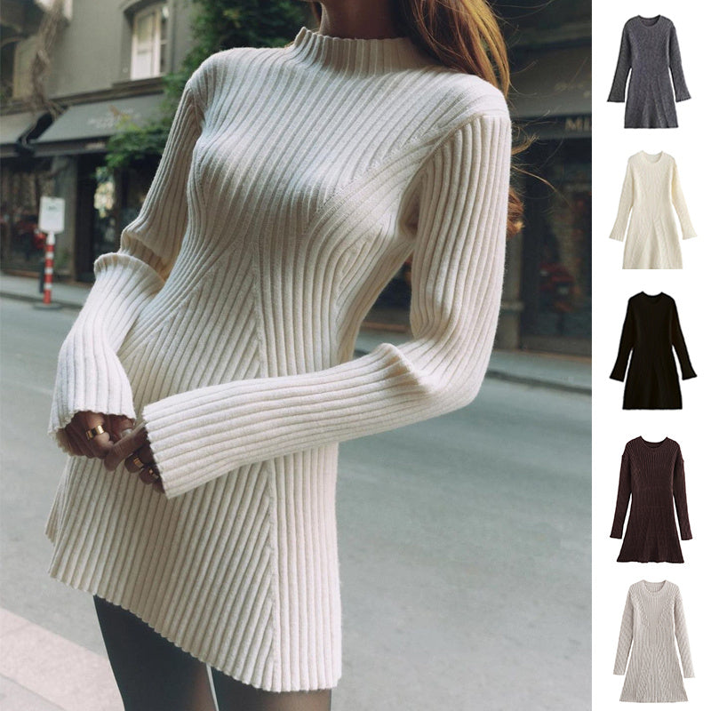 Fashion Solid Ribbed Knitted Dress – Slim-Fit Stand-Up Collar A-Line Winter Dress for Women | UK & USA