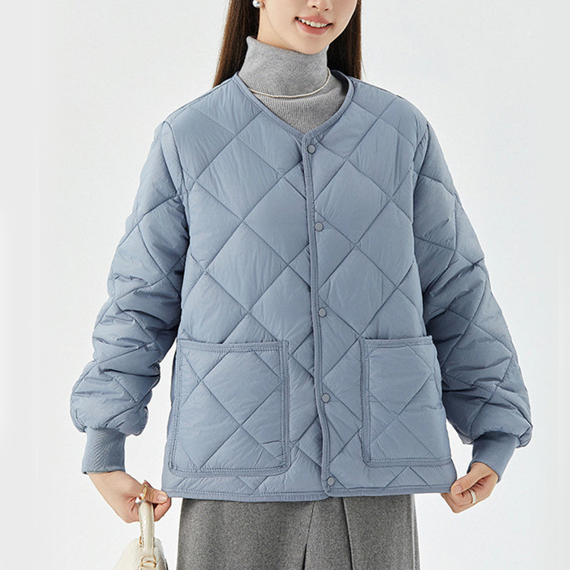 New Rhombus Sewing Cotton Coat – Winter Warm Round-Neck Jacket with Pockets for Women