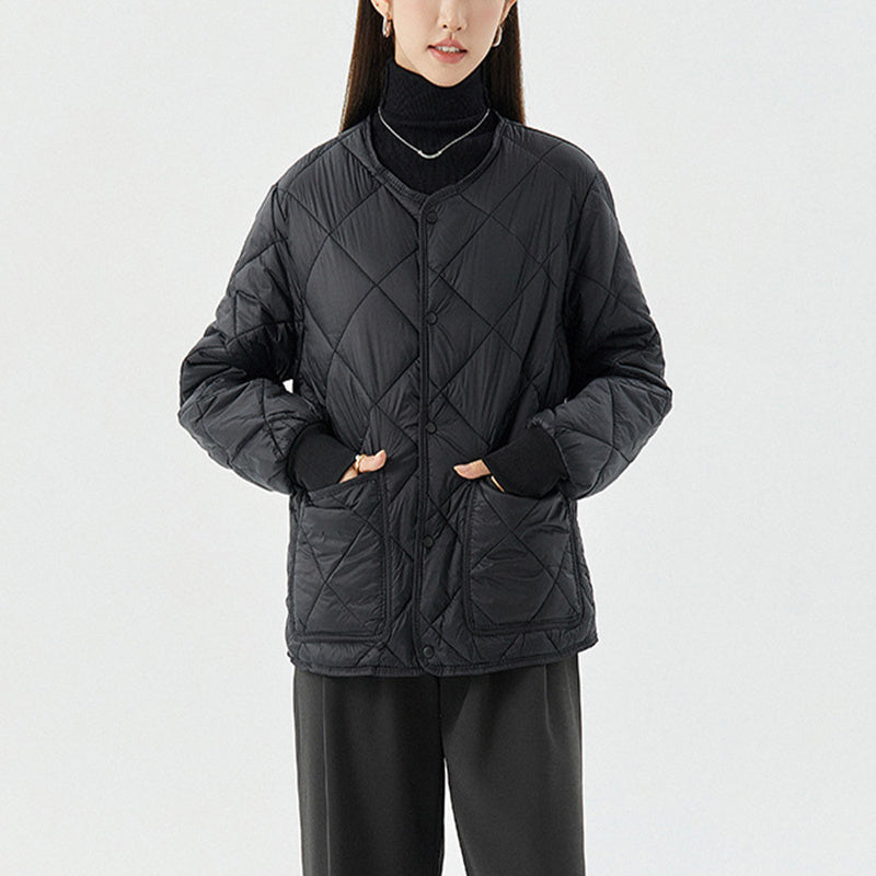 New Rhombus Sewing Cotton Coat – Winter Warm Round-Neck Jacket with Pockets for Women