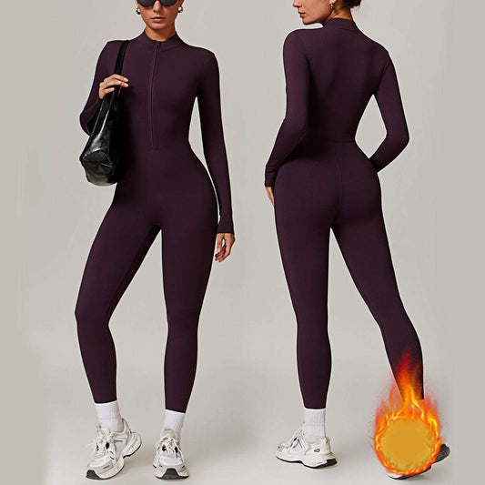 Warm Zipper Long-Sleeved Jumpsuit for Women – Breathable Yoga & Fitness Bodysuit