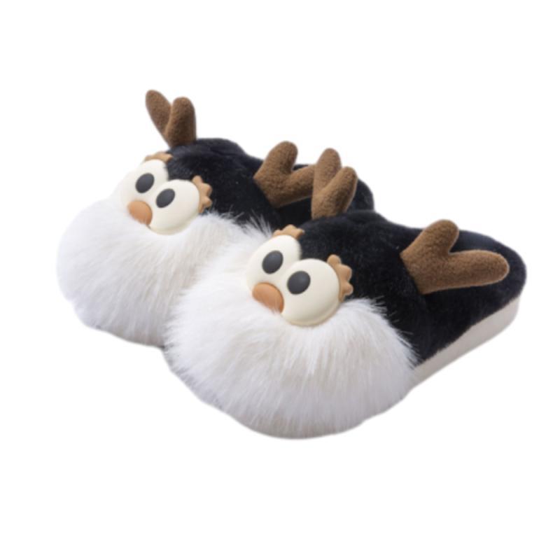 Cute Cartoon Christmas Deer Slippers – Warm Winter Cotton Plush Shoes for Women – Half-Covered Heel Indoor Footwear - ZA-ZOLA