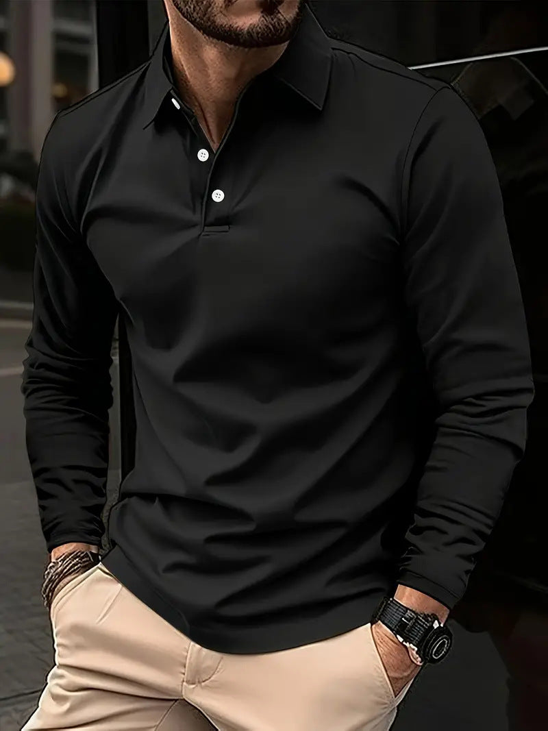 Men's Buckle Polo Collar Long Sleeve – Casual European & American Style, Comfortable Daily Wear - ZA-ZOLA