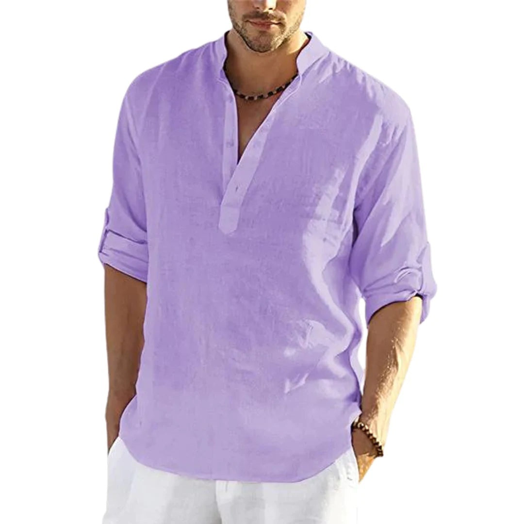 Men's Casual Cotton Linen Shirt – Breathable, Solid Color, Stand Collar Design - ZA-ZOLA