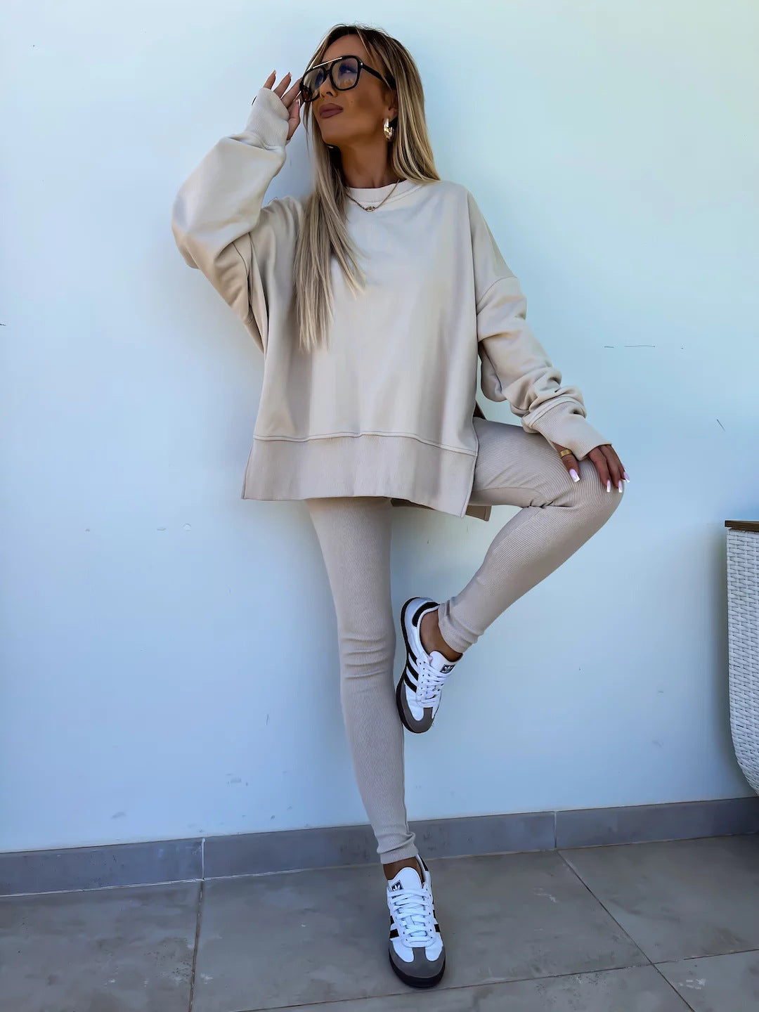 Women's Sweater Suit – Casual Loose Long Sleeve Crew Neck Top & Tight Trousers Set