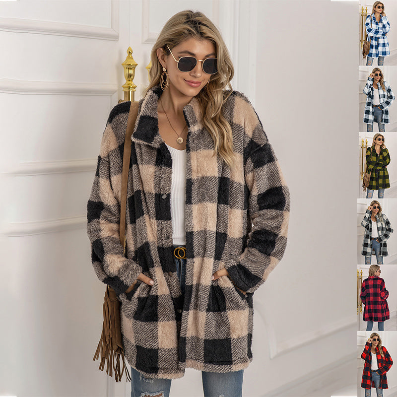 Colorblock Plaid Fleece Jacket – Fashion Single-Breasted Long Jacket for Women