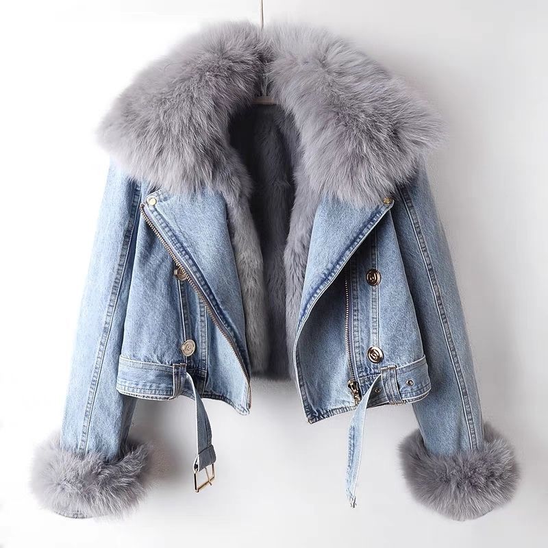 Detachable Fox Fur & Rabbit Fur Liner Denim Coat for Women – Luxury & Warmth