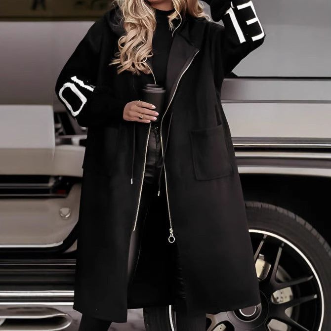 Hooded Windbreaker Long Jacket with Pockets & Drawstring – Women’s Fall & Winter Trench Coat