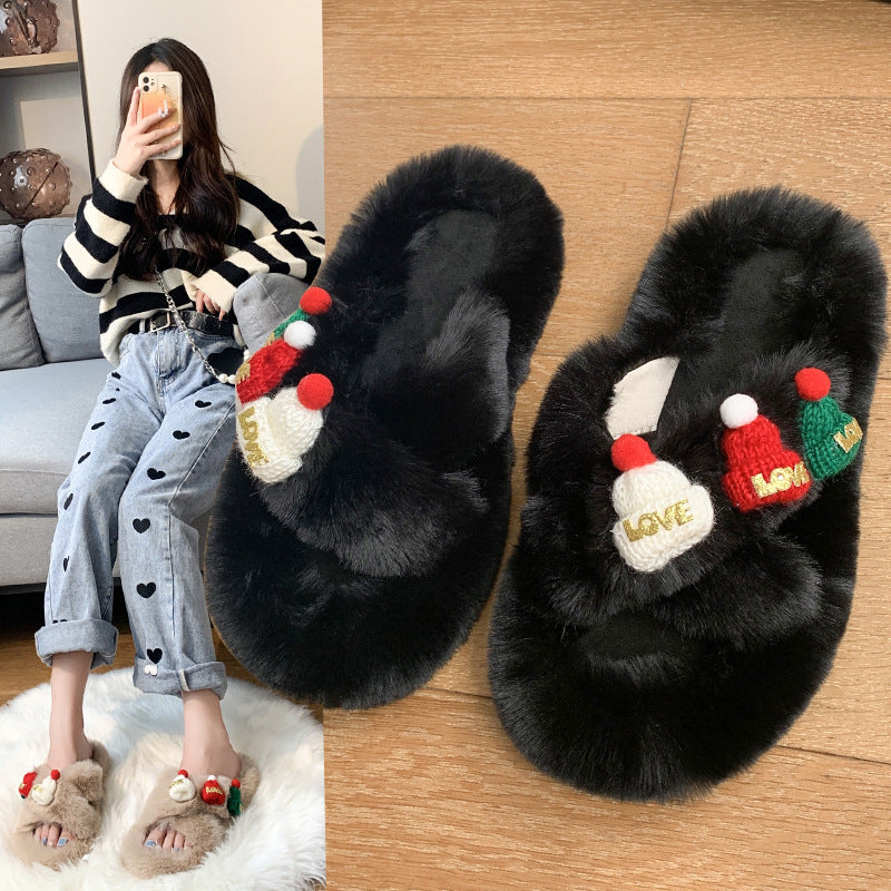 Christmas Hat Fluffy Slippers – Women's Warm Toe-Covering Cotton Slippers - ZA-ZOLA