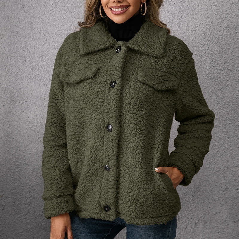 Lapel Single-Breasted Fleece Coat – Winter Warm Button Pocket Short Jacket for Women