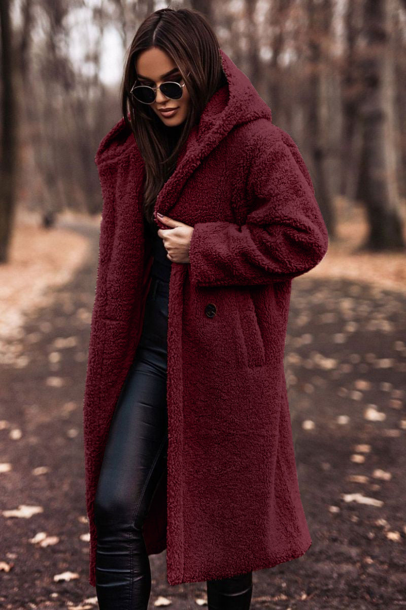 Fashion Long Woolen Coat for Women – Solid Color Long Sleeve Winter Jacket