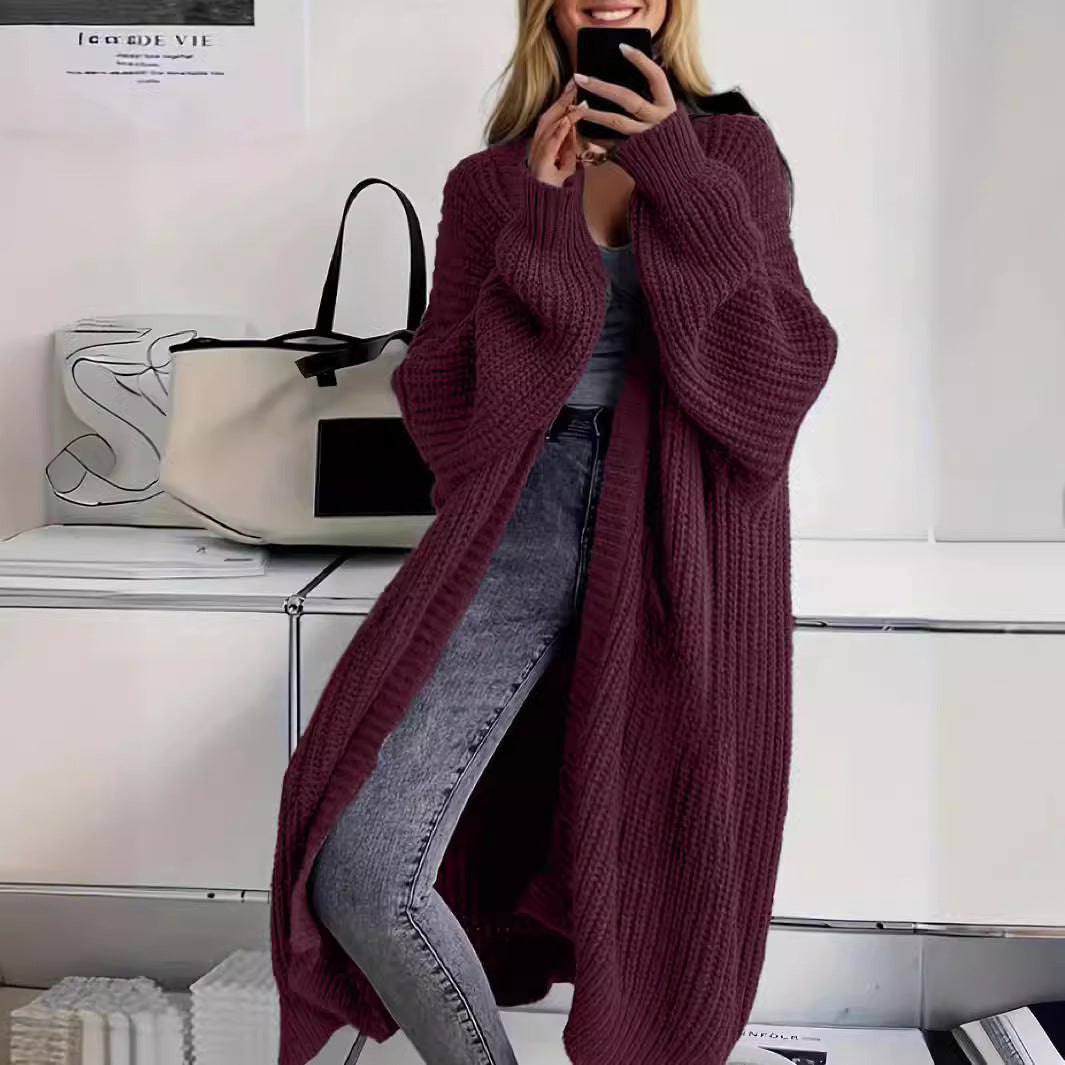 Knitted Long Cardigan with Pockets – Fashion Lantern-Sleeved Coat for Women