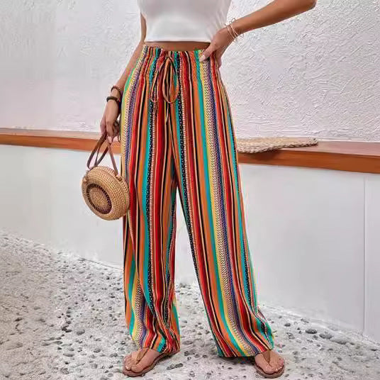 Multi-color Stripe Women's Casual Pants Tied Elastic Waist - ZA-ZOLA