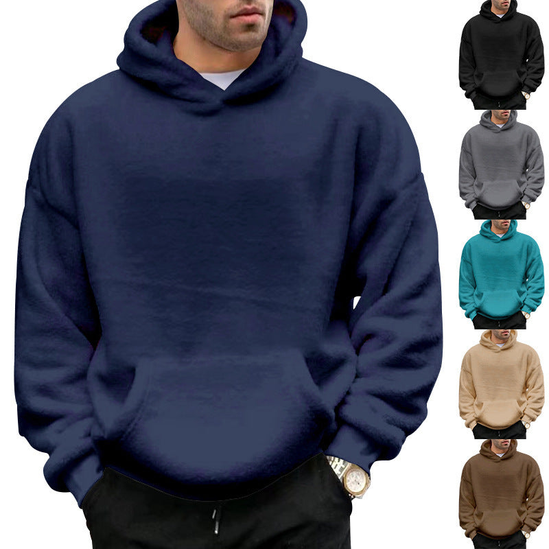 Double-Sided Velvet Hooded Sweater – Men's Plush Sweatshirt with Pockets for Winter Comfort