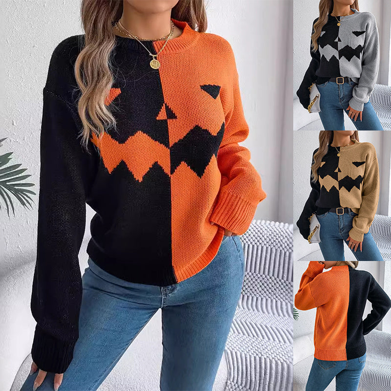 Halloween Contrast-color Pullover Sweater Fashion Long Sleeve Knitted Tops For Womens Clothing - ZA-ZOLA