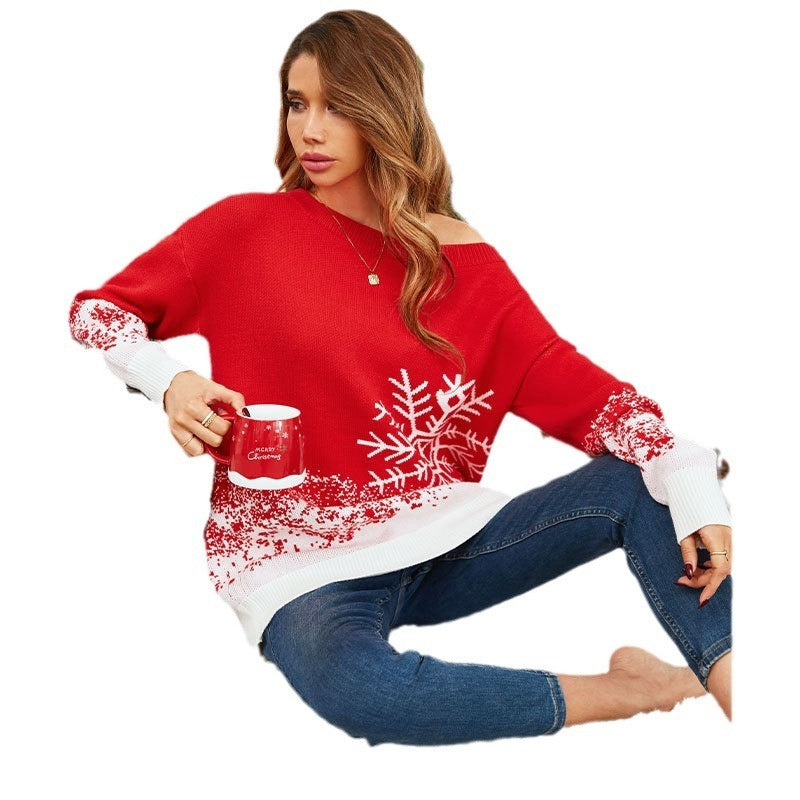 Little Snowflake Off-the-Shoulder Christmas Sweater – Casual Festive Knitwear for Women - ZA-ZOLA