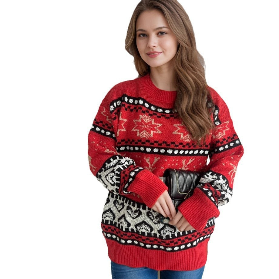 Christmas Casual Red Deer Jacquard Sweater – Women's Long-Sleeved Round Neck Holiday Knitwear - ZA-ZOLA