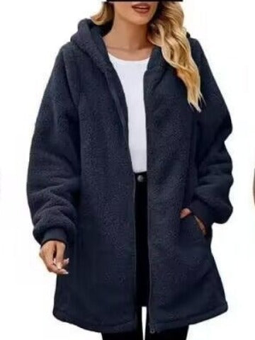 Loose Plush Women's Long Sleeve Hooded Zip Cardigan Coat – Cozy Winter Outerwear