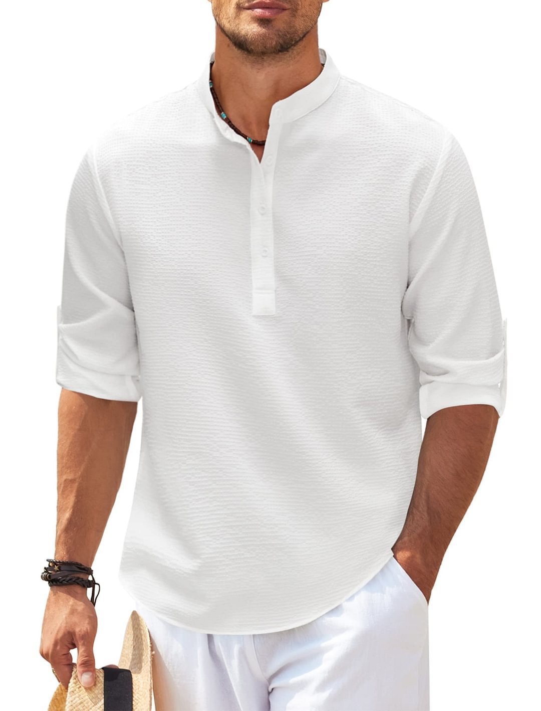 Men's Casual Long Sleeve Stand Collar Shirt – Solid Color, Stylish & Comfortable - ZA-ZOLA