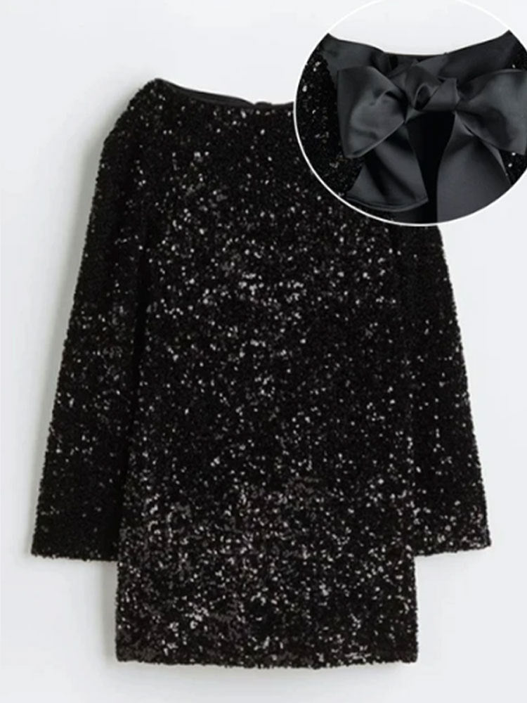 Sequined Back-Bowed Dress – Fashion Round Neck Long Sleeve Party & Daily Dresses for Women | UK & USA