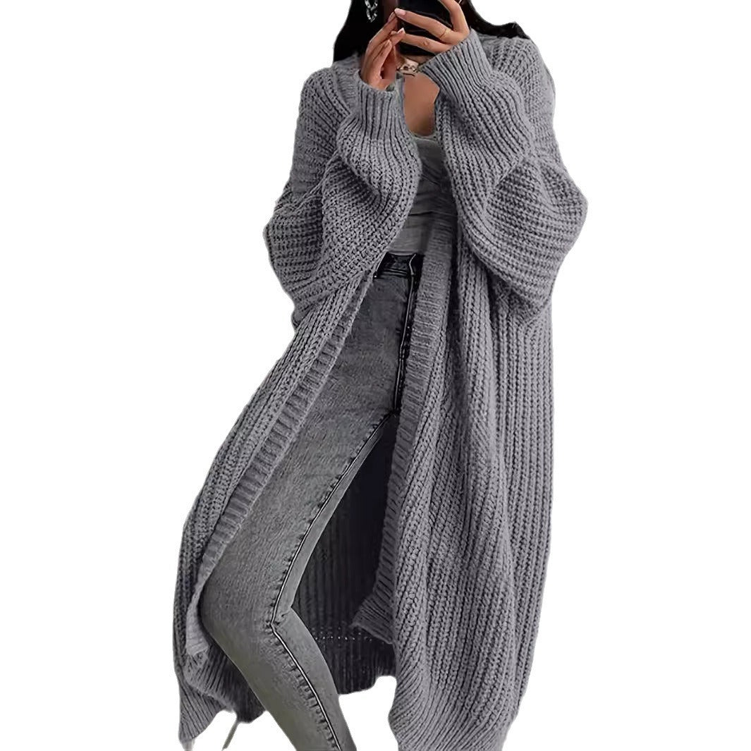 Knitted Long Cardigan with Pockets – Fashion Lantern-Sleeved Coat for Women