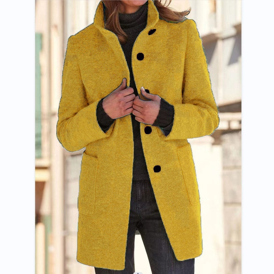 Fashion Stand Collar Woolen Coat with Pockets – Women’s Casual Fall & Winter Outwear