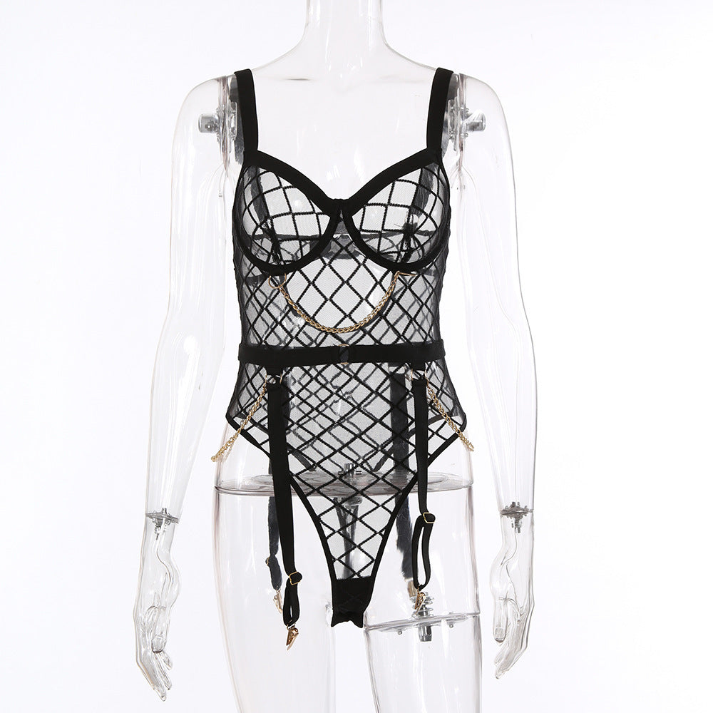 Mesh See-Through Underwear Set with Metal Chain