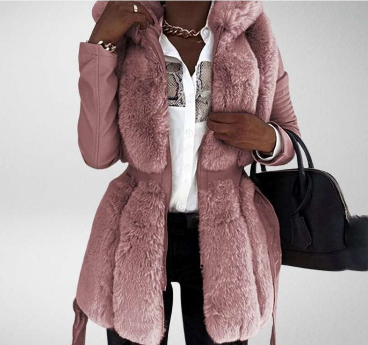 New Style Fur Belt Hooded Zipper Jacket for Women – Trendy & Warm Outerwear