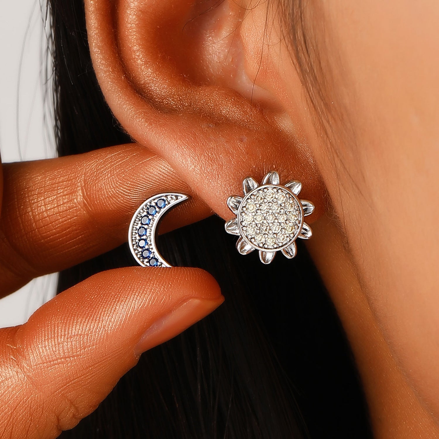 Fashion Sun And Moon Full Diamond Stainless Steel Studs - ZA-ZOLA