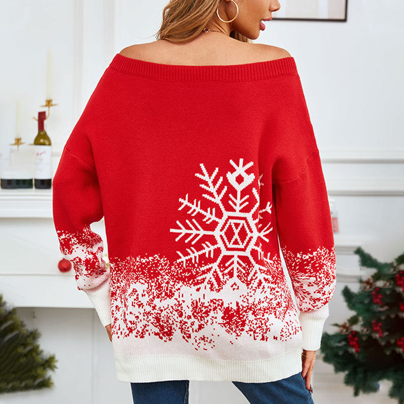 Little Snowflake Off-the-Shoulder Christmas Sweater – Casual Festive Knitwear for Women - ZA-ZOLA