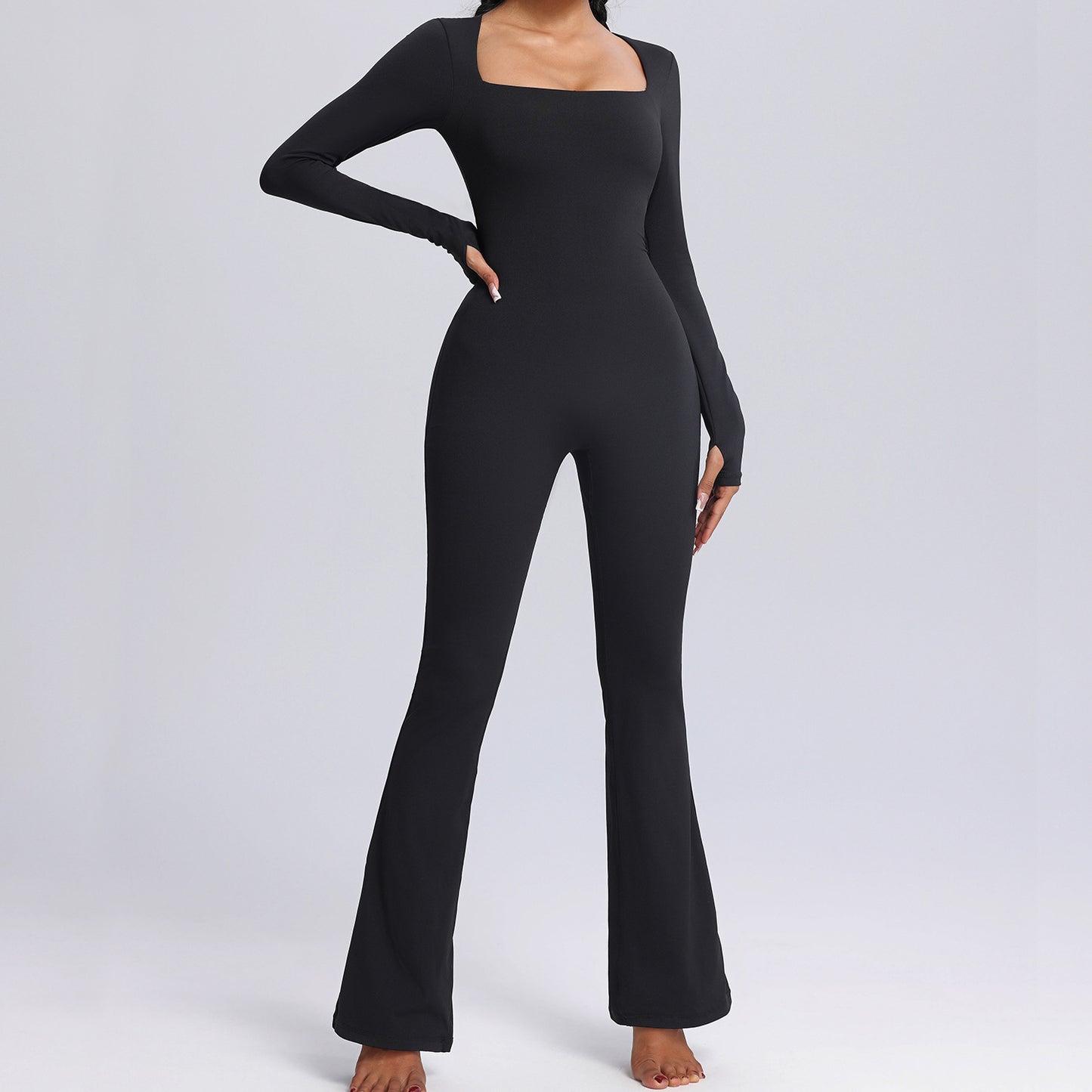 New Square Neck Long-Sleeved Jumpsuit – Yoga & Fitness Sports Bodysuit with Flared Pants for Women