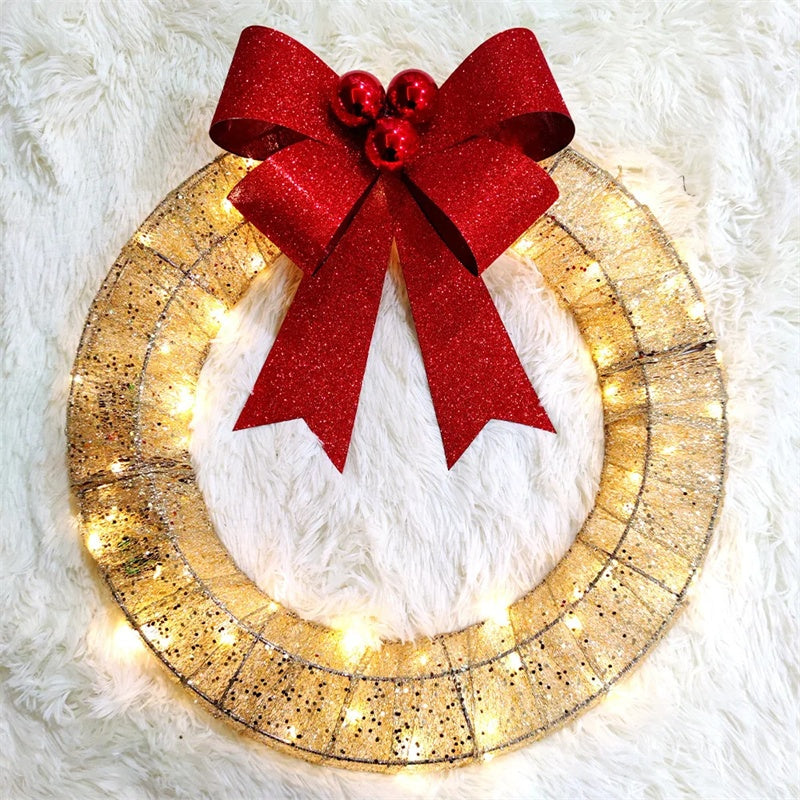 50CM LED Christmas Garland Wreath – Warm Light, Metal Design with Bowknot for Front Door Decor - ZA-ZOLA