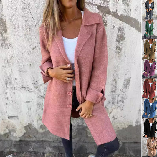 Lapel Single-Breasted Cardigan with Pockets – Women’s Fashion Mid-Length Coat