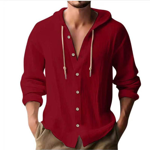 Cotton & Linen Hooded Long Sleeve Shirt – Comfortable Button-Up Sweater for Men - ZA-ZOLA