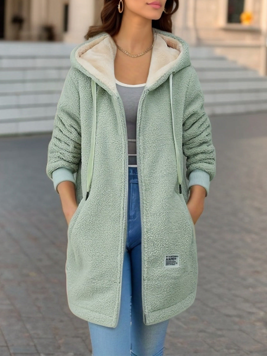 Fleece-Lined Mid-Length Cashmere Hoodie – Warm & Stylish Winter Wear for Women