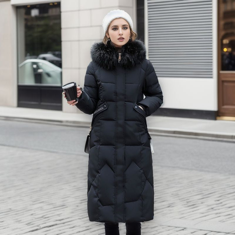 Women's Cotton-Padded Over-the-Knee Quilted Jacket with Large Fur Collar – Warm & Stylish Winter Coat