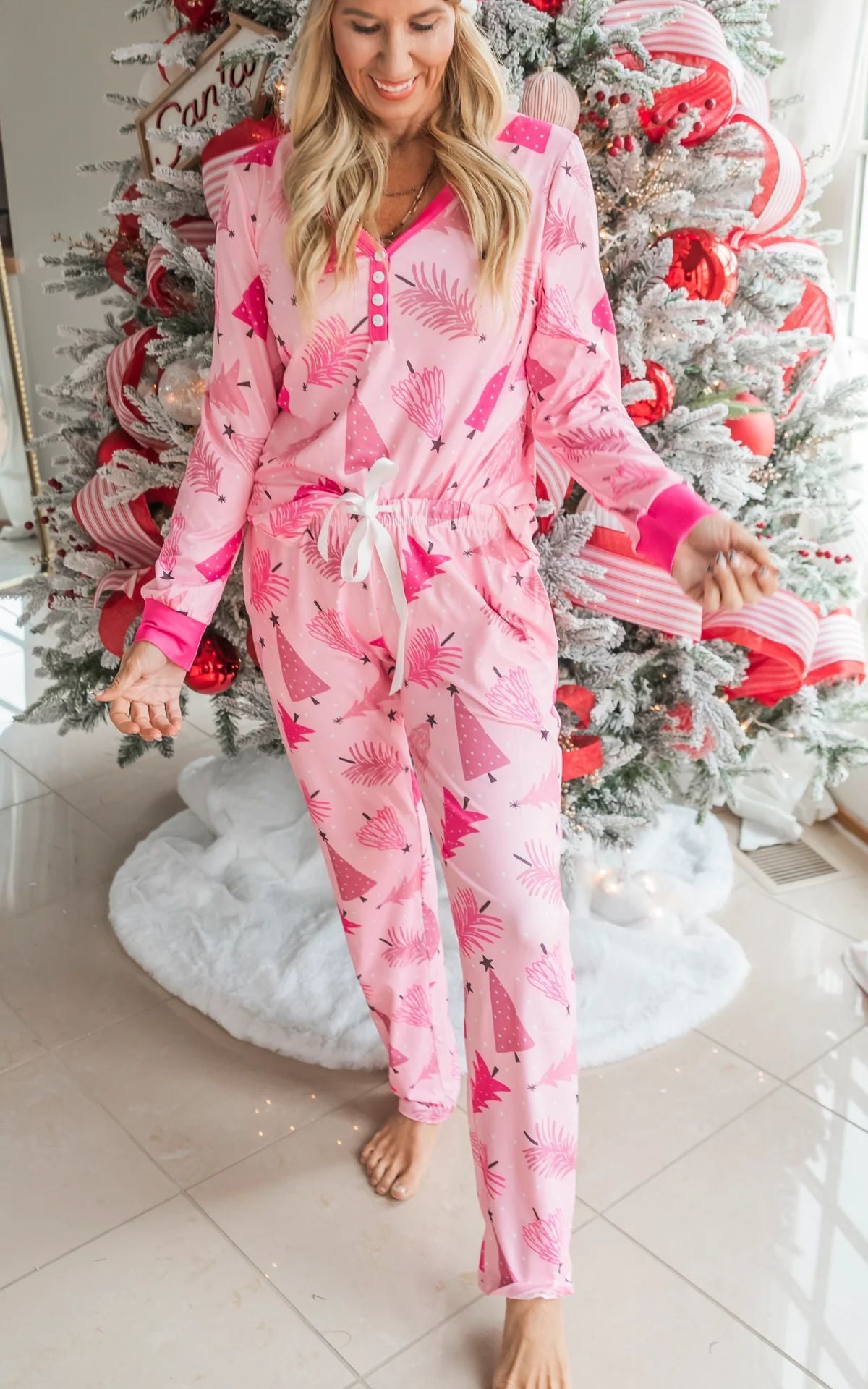 Christmas Tree Print Pajamas Suit – Long Sleeve Button-Up Two-Piece Set for Festive Comfort - ZA-ZOLA