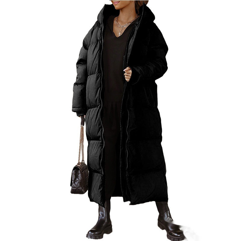 Hooded Solid Color Long Zip Coat – Casual Winter Outerwear for Women