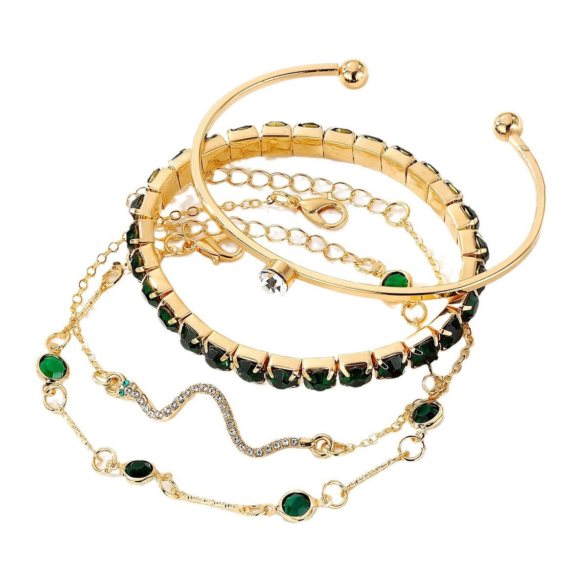 Fashion Green Grandmother Diamond Stretch Bracelet Women's 4-piece Set - ZA-ZOLA