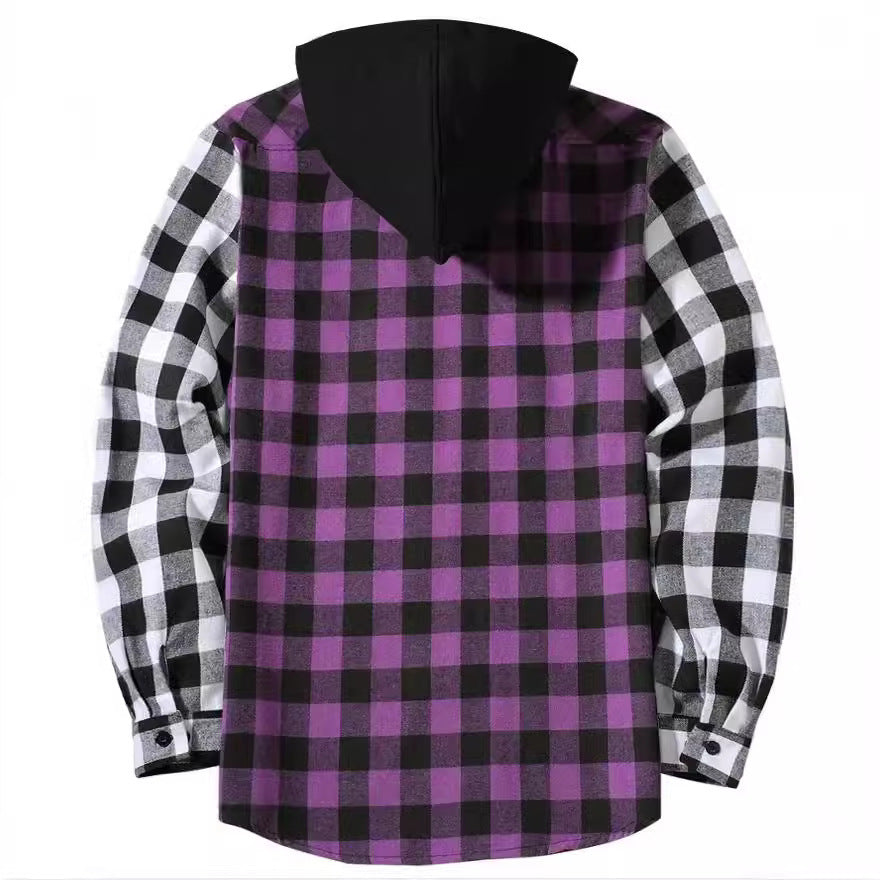 Patchwork Plaid Hooded Long-sleeved Shirt - ZA-ZOLA