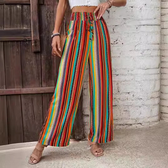 Multi-color Stripe Women's Casual Pants Tied Elastic Waist - ZA-ZOLA