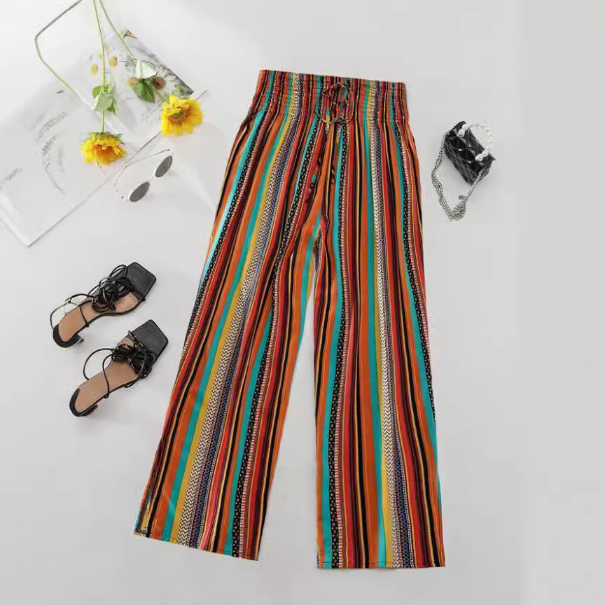 Multi-color Stripe Women's Casual Pants Tied Elastic Waist - ZA-ZOLA