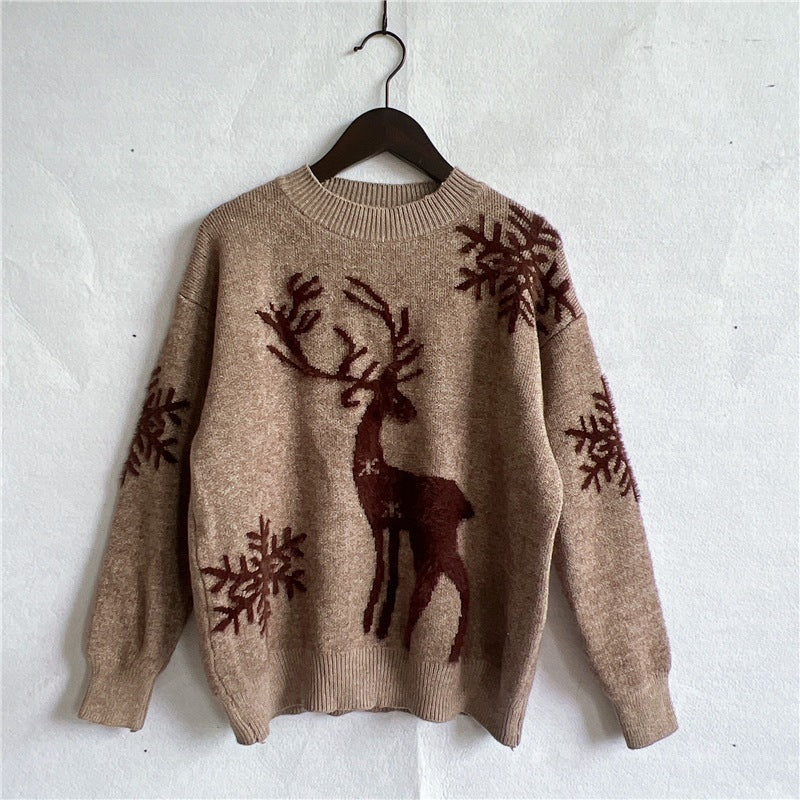 Round Neck Long Sleeve Christmas Sweater – Snowflake & Deer Jacquard Knitwear - ZA-ZOLA