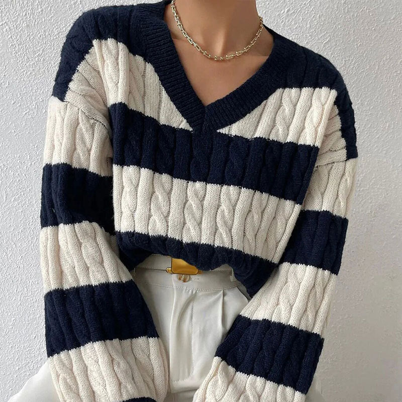 V-neck Long Sleeve Striped Women's Sweater – Versatile, Stylish, All-Matching - ZA-ZOLA